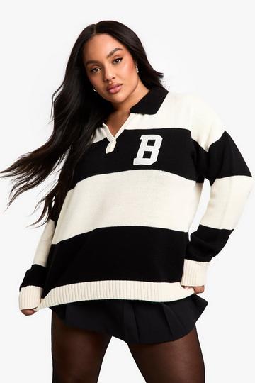 Plus Bold Stripe Varsity Polo Collar Jumper cream