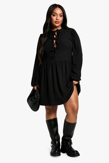 Plus Brushed Rib Tie Front Smock Dress black