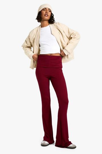 Tall Fold Over Waist Soft Rib Flare Trouser wine