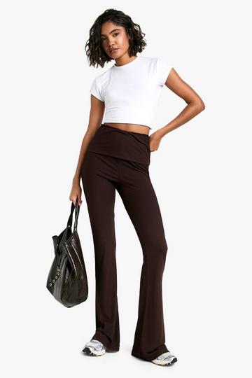 Tall Fold Over Waist Soft Rib Flare Trouser chocolate