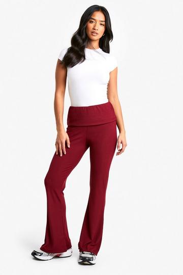 Petite Fold Over Waistband Soft Rib Flare Trouser wine