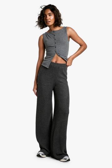 Tall Geborstelde Geribbelde Wide Leg Broek charcoal