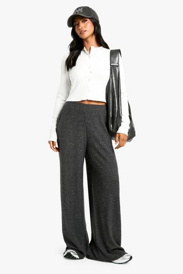 Petite Geborstelde Geribbelde Wide Leg Broek charcoal