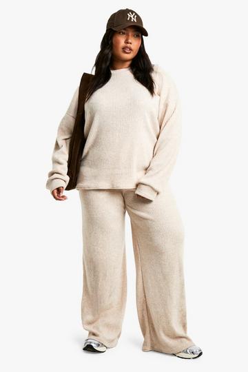 Plus Soft Ribbed Jumper and Wide Leg Trouser Co-ord stone