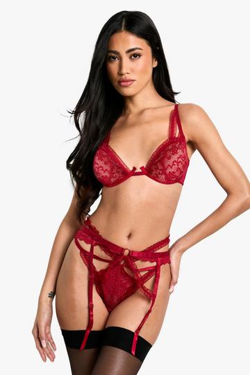 Red Ruffle Trim Underwire Plunge Bra