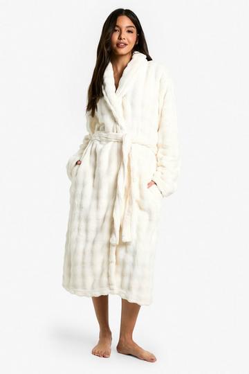 Bubble Cut Fleece Shawl Collar Midi Robe cream