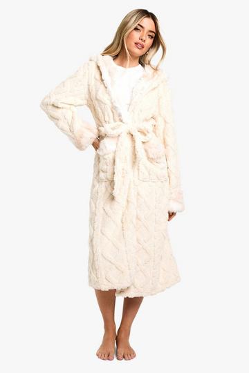 Cable Sherpa With Faux Fur Trim Hooded Robe cream