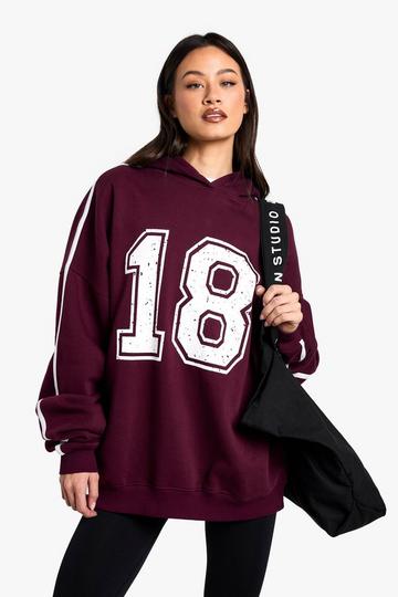 Burgundy Red Tall 18 Side Stripe Printed Oversized Hoodie