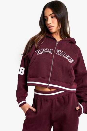 Petite New York Embroidered Cropped Zip Through Hoodie burgundy