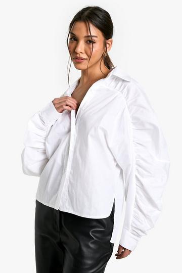 RUCHED SLEEVE DETAIL COTTON POPLIN SHIRT white