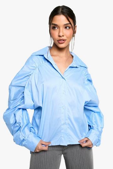 RUCHED SLEEVE DETAIL COTTON POPLIN SHIRT light blue