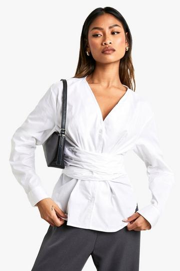 COTTON POPLIN BELTED WRAP SHIRT white