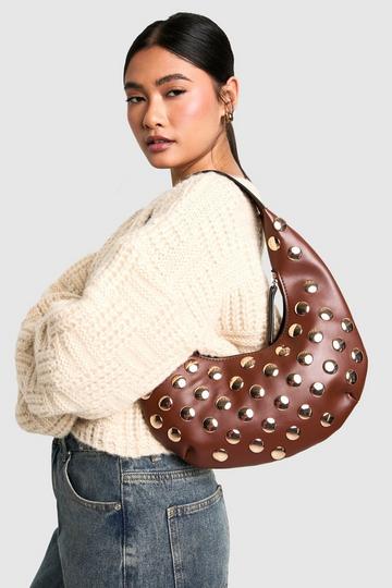 Half Moon Studded Leather Look Shoulder Bag chocolate