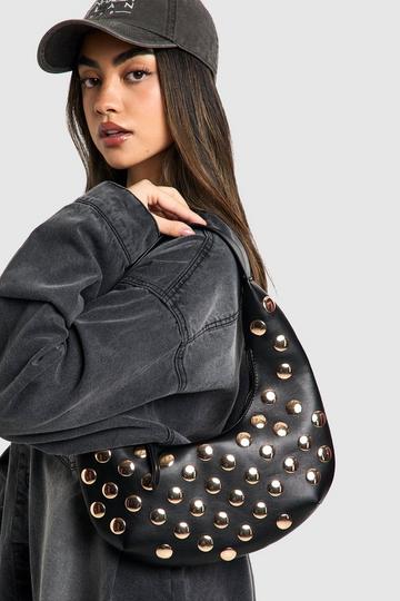 Half Moon Studded Leather Look Shoulder Bag black