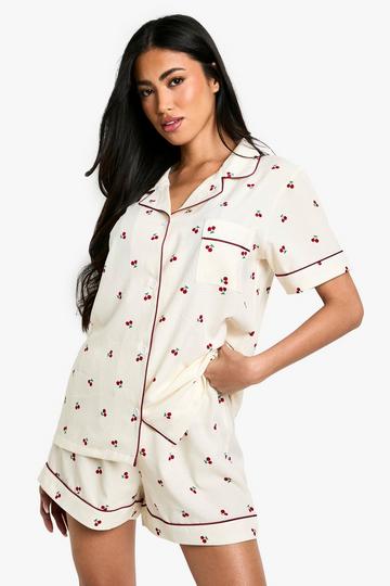 Cherry Print Piping Detail Short Sleeve Shirt & Shorts Pyjama Set cream