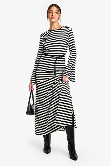 Textured Stripe Flare Sleeve Midaxi Dress black