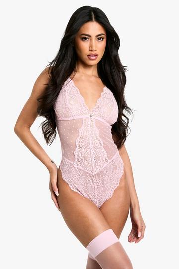 Heart Trim Lace Bodysuit pink