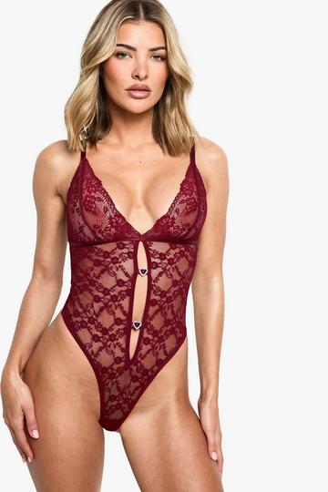 Cut Out Centre Front Diamante Trim Bodysuit burgundy