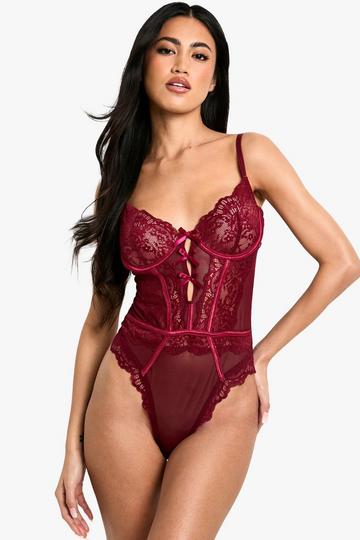 Cut Out Detail Double Bow Back Bodysuit burgundy