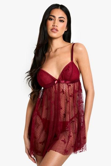 Front Bow Lace Babydoll burgundy