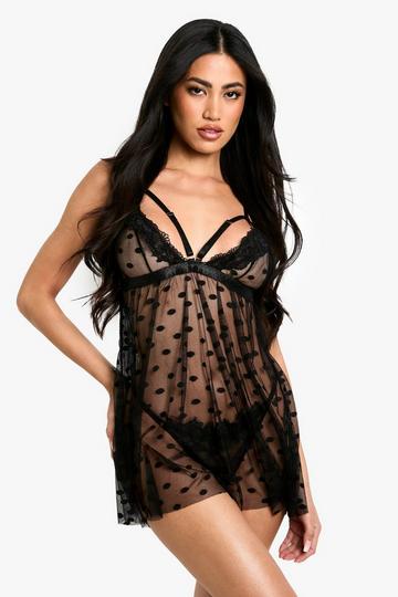 Strap Bust Detail Swiss Dot Mesh Babydoll black