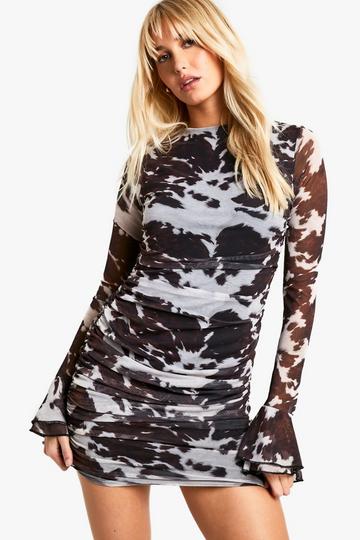 Cow Printed Mesh Flare Sleeve Mini Dress brown