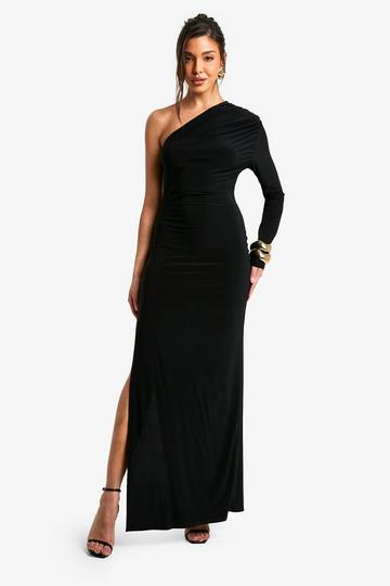 Black Ruched One Sleeve High Split Maxi Dress