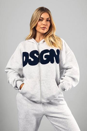 Dsgn Toweling Applique Oversized Zip Through Hoodie ash grey