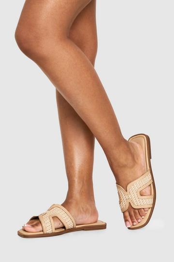 Wide Fit Raffia Cut Out Sliders beige