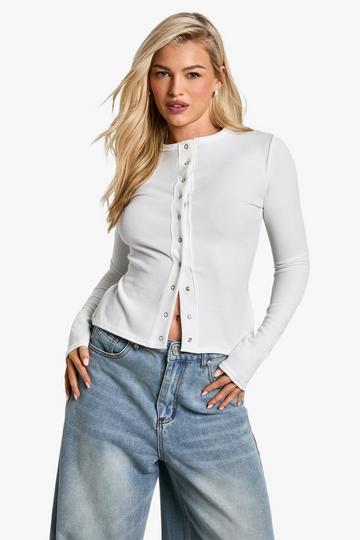 Rib Popper Front Long Sleeve Top white