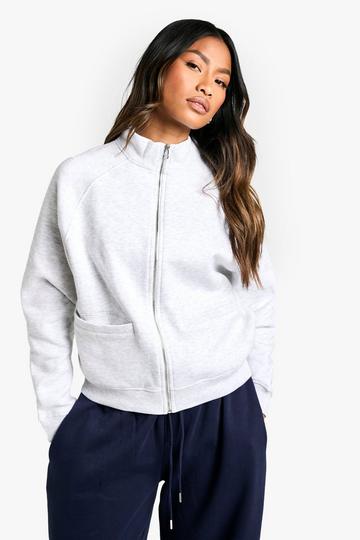 Hidden Pocket Zip Through Funnel Neck Sweatshirt ash grey