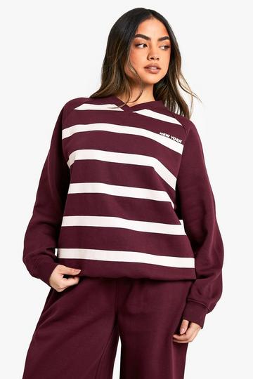 New York Print Striped V Neck Oversized Sweatshirt burgundy