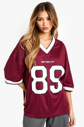 NYC V-Neck Oversized Football Top burgundy