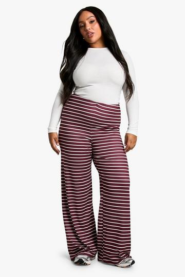 Burgundy Red Plus Stripe Wide Leg Trousers