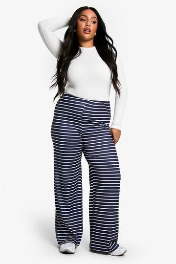 Plus Gestreepte Wide Leg Broek navy