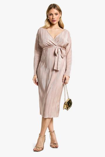 Champagne Beige Maternity Plisse Belted Midi Dress