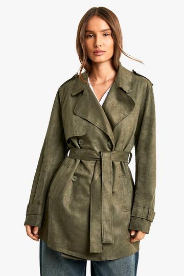 Khaki Suede Look Trench Coat