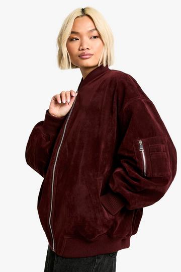 Suede Look Oversized Bomber Jacket wine