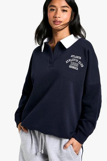 Petite Contrast Collar Embroidered Oversized Sweatshirt navy