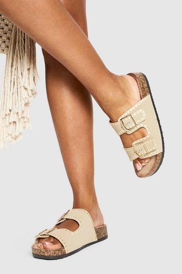 Contrast Stitch Detail Double Buckle Sliders taupe