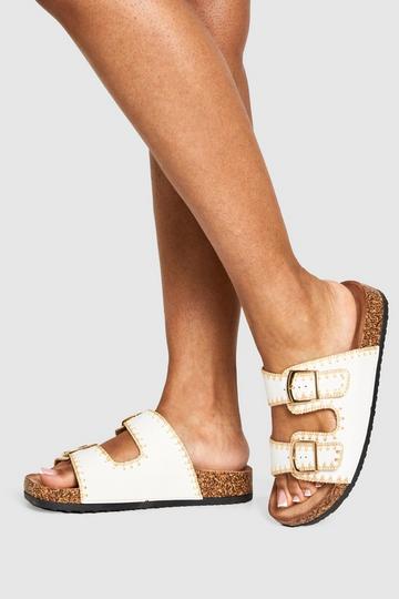 Contrast Stitch Detail Double Buckle Sliders white