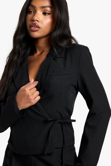 Black Woven Tailored Wrap Cropped Blazer