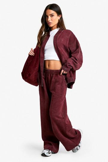 Petite Washed Zip Through Bomber Straight Leg Jogger Tracksuit burgundy