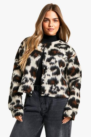 Multi Petite Leopard Wool Look Bomber Jacket