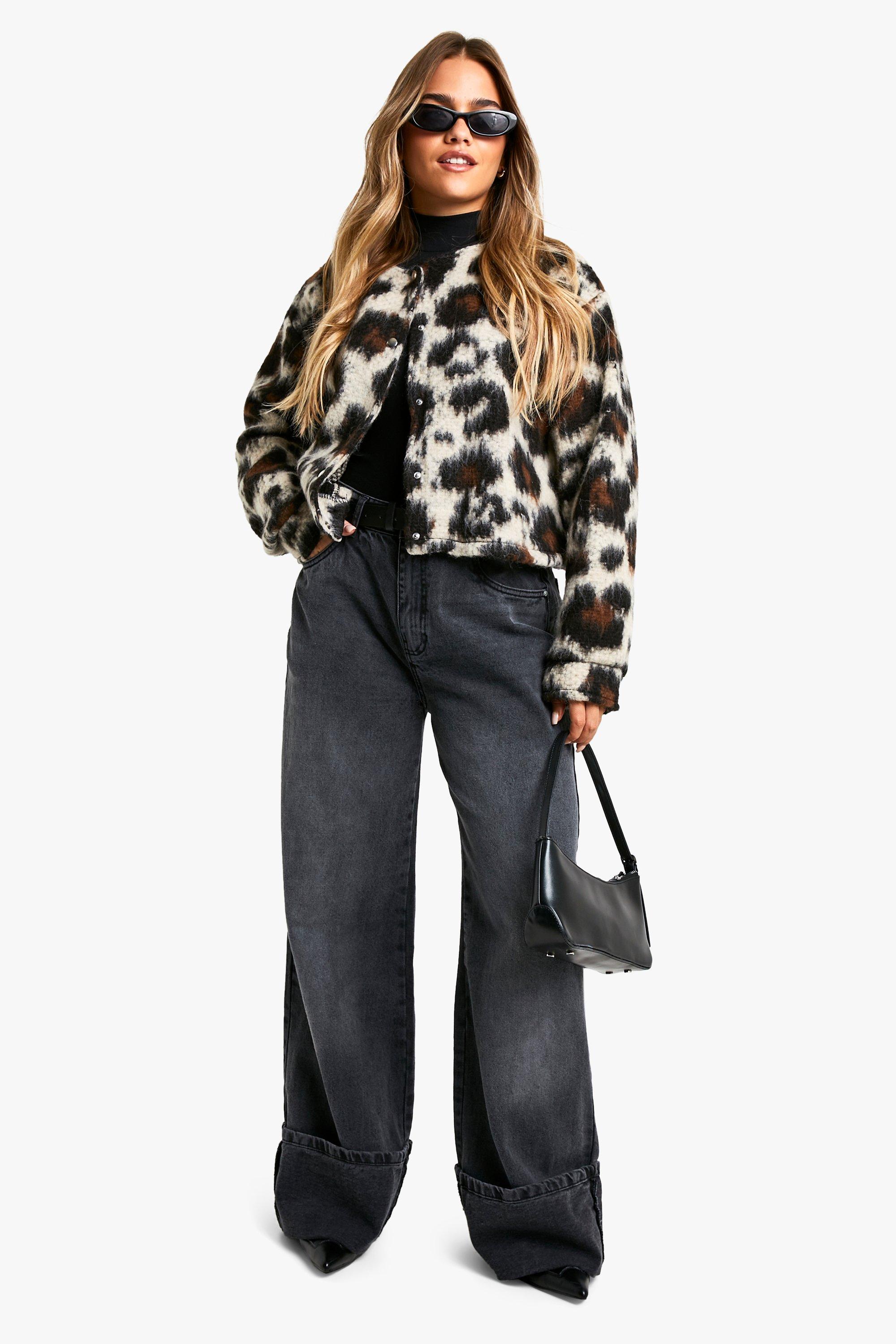 Petite Leopard Wool Look Bomber Jacket boohoo NZ