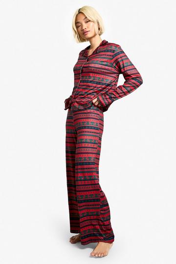 Red Christmas Stripey Pattern Long Sleeve Trouser Pj Set