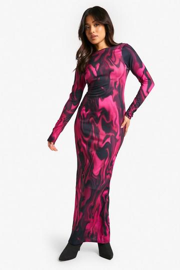 Petite Maxi Jurk Met Abstracte Print En Lage Ronde Rug maroon