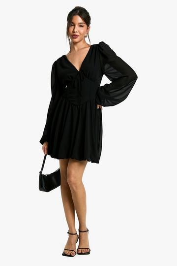 Chiffon Puff Sleeve Milkmaid Skater Dress black