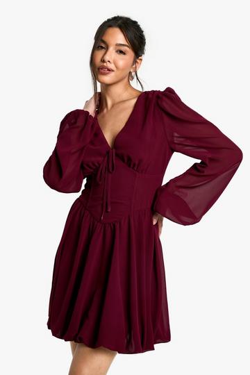 Burgundy Red Chiffon Puff Sleeve Milkmaid Skater Dress