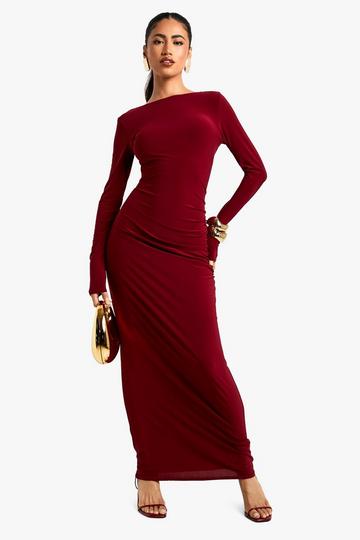 Burgundy Red Asymmetric Cut Out Backless Maxi Slinky Dress